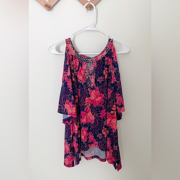 Ava & Grace | Women’s Pink Floral Rhinestone Cold Shoulder Blouse - Picture 1 of 4